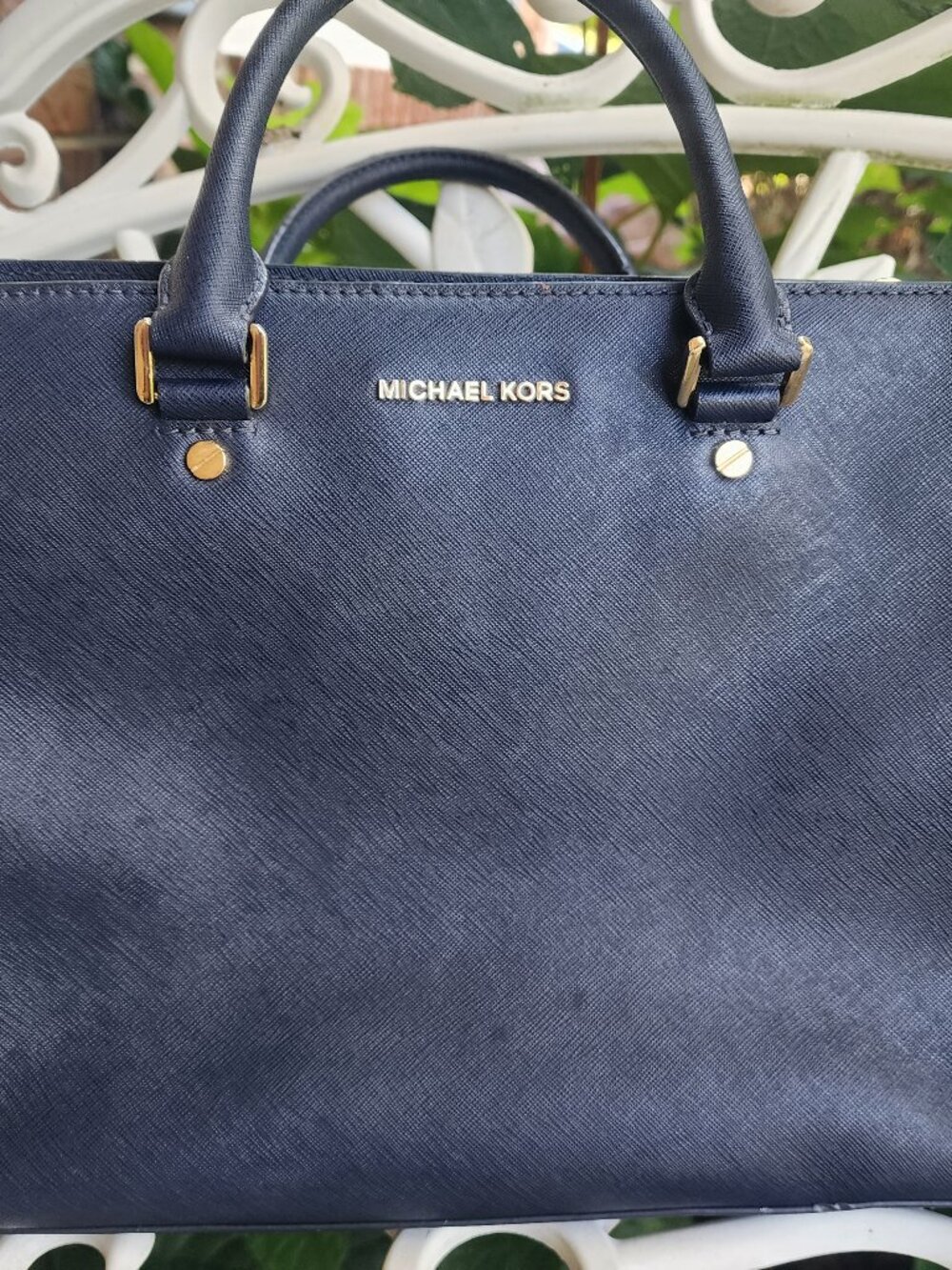 Michael Kors Navy Saffiano Leather Top Handle Satchel Gold Hardware 14"